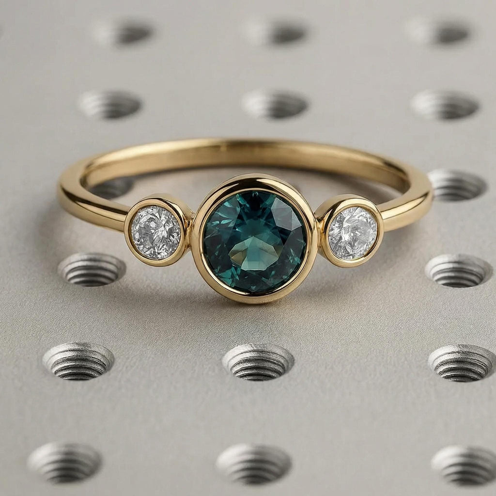 Round Cut Teal Sapphire Ring, Ocean Blue Green Sapphire Promise Ring, 14K Gold Sapphire Engagement Ring, Bezel Set Sapphire and Diamond Ring image #3