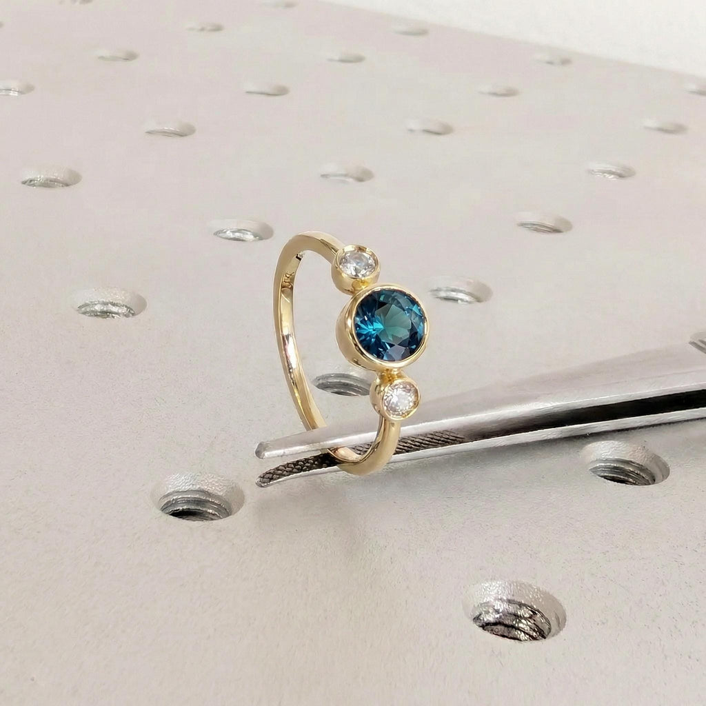Round Cut Teal Sapphire Ring, Ocean Blue Green Sapphire Promise Ring, 14K Gold Sapphire Engagement Ring, Bezel Set Sapphire and Diamond Ring