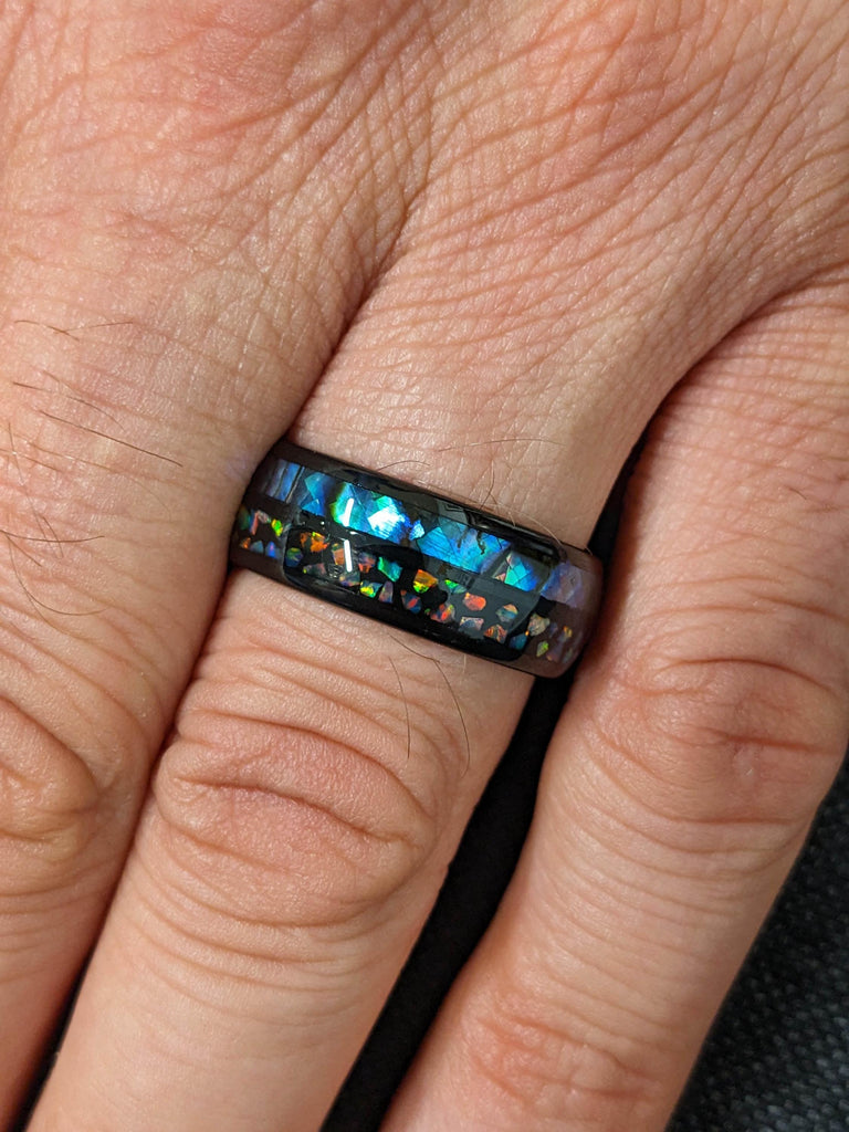 Crushed Shell & Blue Opal Tungsten Ring - Black Mens Wedding Band, Polished Finish Ring for Him, Engagement Ring Unique Marriage Rings