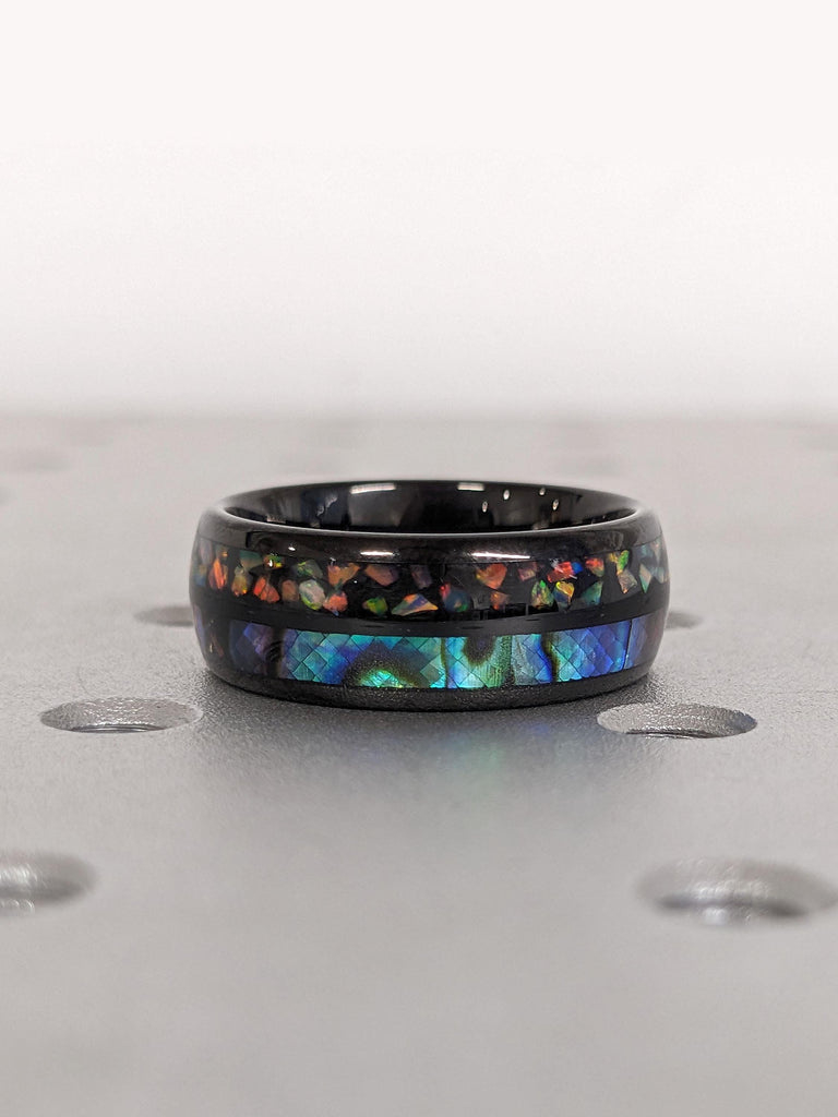 8mm Crushed Rainbow Opal Black Tungsten Ring | Mens Tungsten Wedding Bands | Durable Comfort Fit Promise Ring Mens Ring