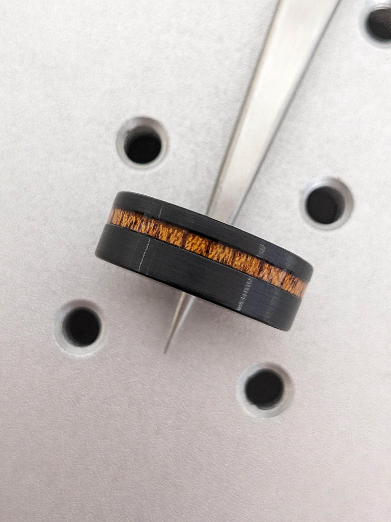 Unique Mens Wedding Bands with Wood Pattern Inlay: Black Tungsten Carbide, Brushed Finish