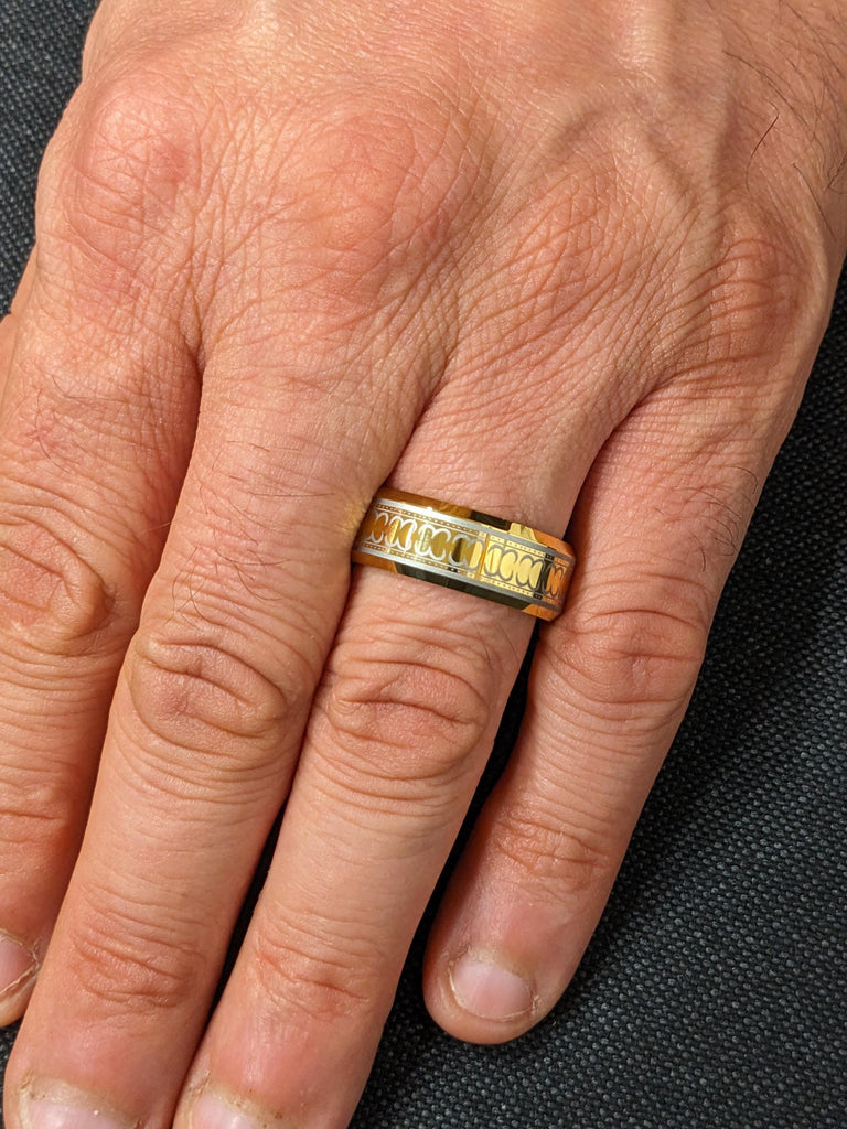 Comfort Fit 8MM Wedding Band for Him: Yellow Gold Plated Tungsten Carbide, Beveled Edge, Brushed and Polished Finish image #10