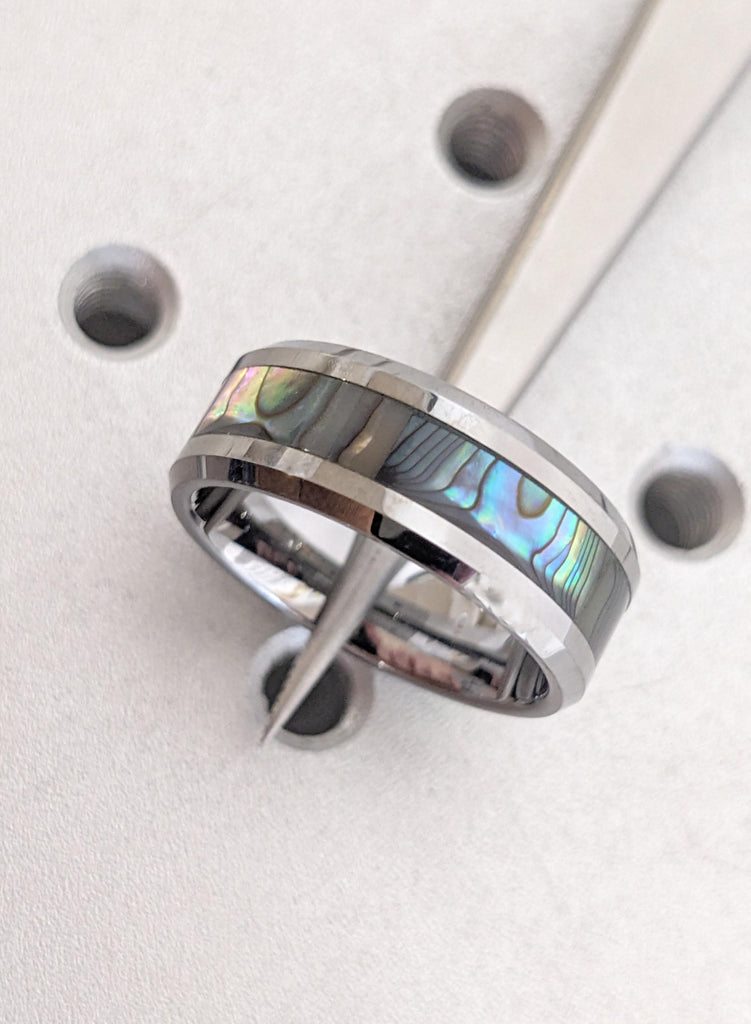 8mm Natural Shell Inlay Tungsten Wedding Band for Men, Beveled Polished Ring, Comfort Fit Minimalist Mens Wedding Ring, Modern Mens Jewelry image #1