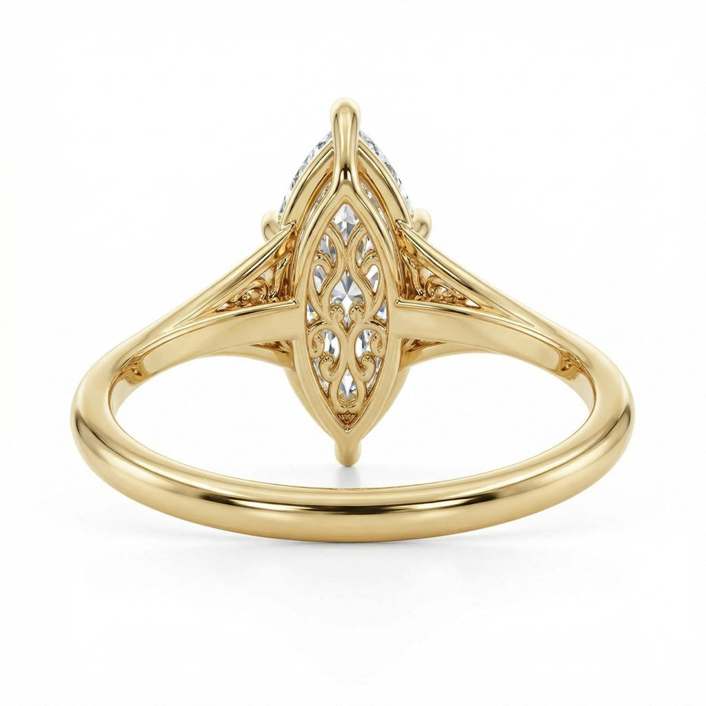 Vintage Filigree Lab Grown Diamond Engagement Ring, 14k Yellow Gold Art Deco Wedding Ring for Women, Solitaire Diamond Ring, Marquise Ring image #6