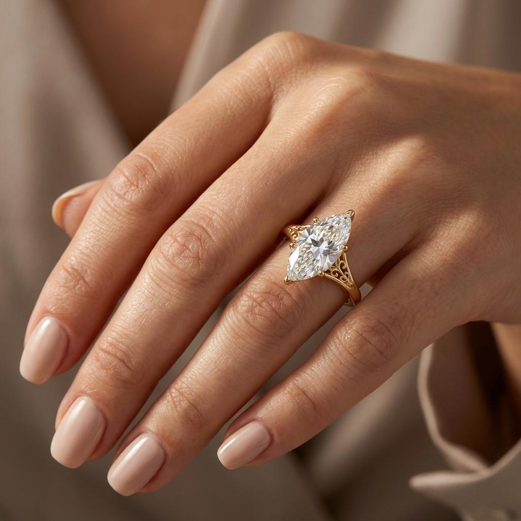 Victorian Style 3ct Marquise Moissanite Engagement Ring, Antique Filigree Engraved Band, 14K Yellow Gold Heirloom Ring, Women's Wedding Ring image #2