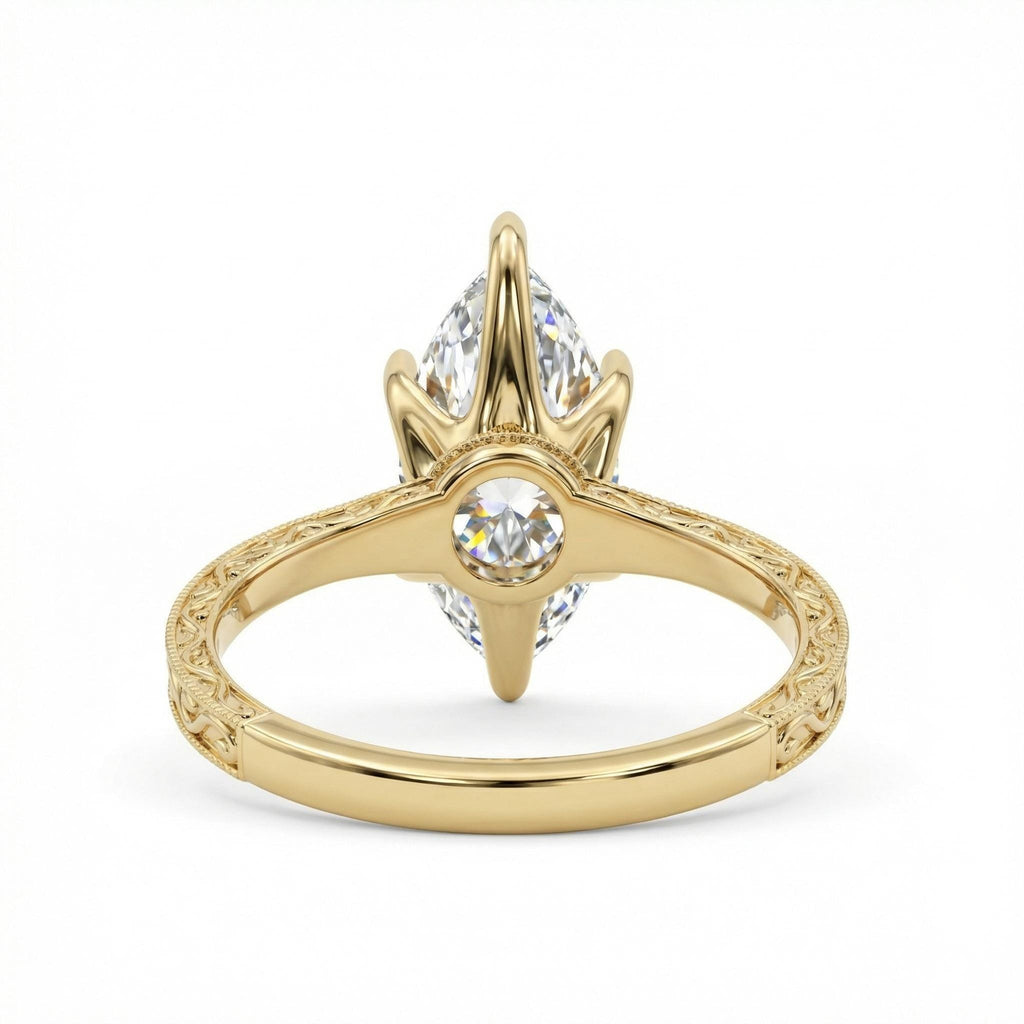 Marquise Cut Moissanite Engagement Rings: 14K Yellow Gold Filigree Hand Carved Art Deco Vintage Solid Gold Classic Wedding Promise Solitaire image #4
