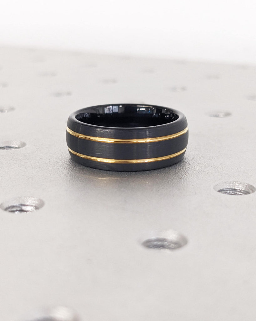 Brushed Black Tungsten Ring Mens Wedding Band | Domed 8mm Tungsten Carbide Ring | Yellow Gold Plated Inlay | Comfort Fit | Personalized Gift