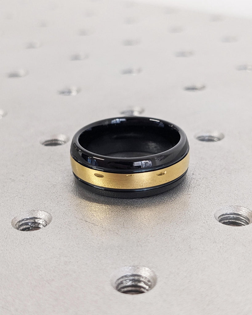 Polished Black Tungsten Ring: Yellow Gold Plated Inlay, Classic Dome Ring, Mens Wedding Band, Comfort Fit, 8mm Wide image #3