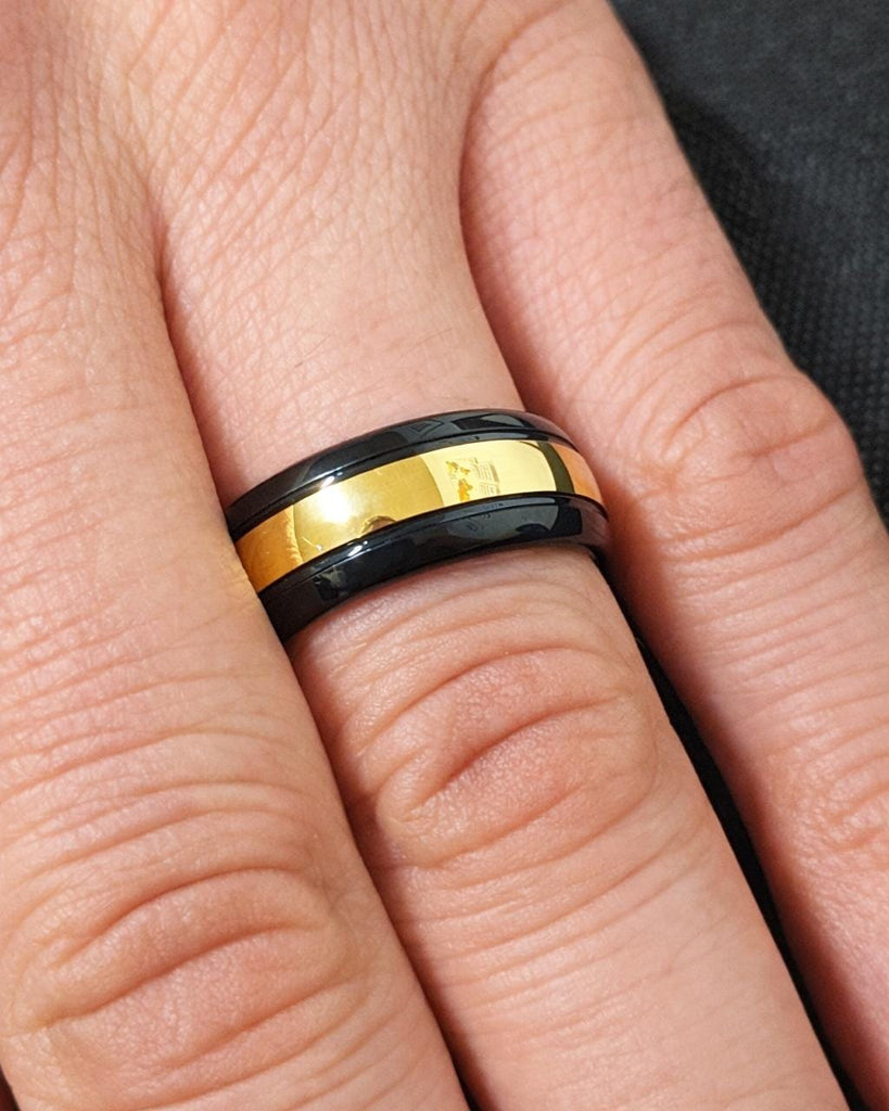 Polished Black Tungsten Ring: Yellow Gold Plated Inlay, Classic Dome Ring, Mens Wedding Band, Comfort Fit, 8mm Wide image #9