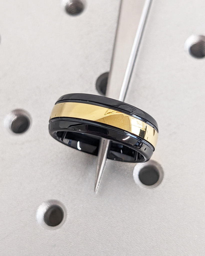 Polished Black Tungsten Ring: Yellow Gold Plated Inlay, Classic Dome Ring, Mens Wedding Band, Comfort Fit, 8mm Wide image #7