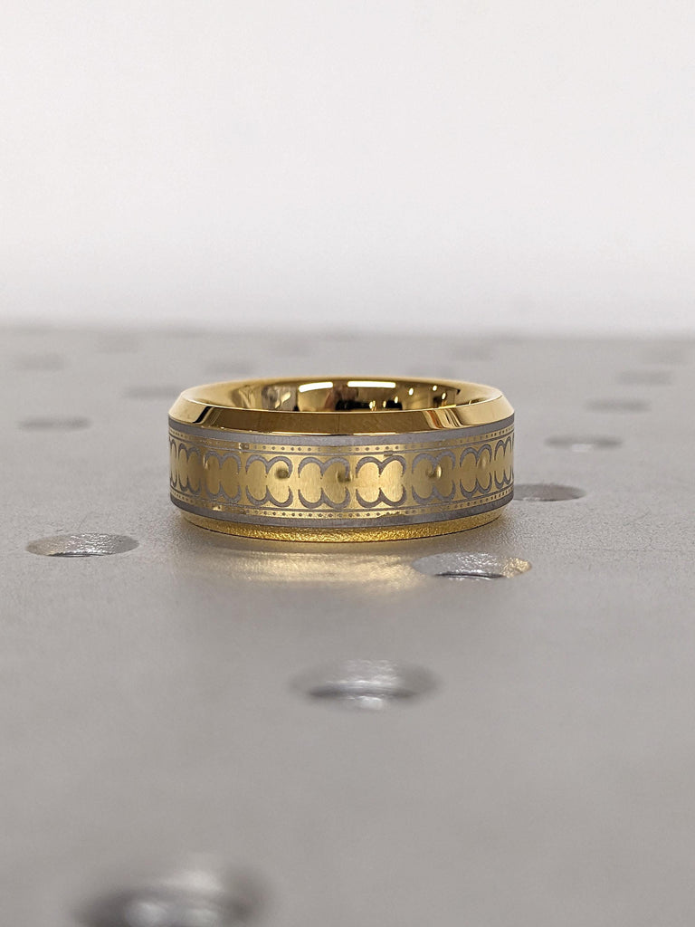 Comfort Fit 8MM Wedding Band for Him: Yellow Gold Plated Tungsten Carbide, Beveled Edge, Brushed and Polished Finish image #7