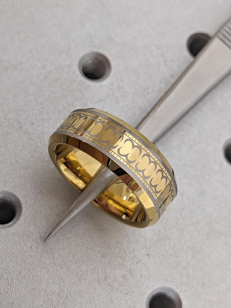 Yellow Gold Tungsten Celtic Engagement Ring For Him | 8MM Beveled Edge Brushed & Polished Finish Scratch Resistant Ring | Mens Wedding Band