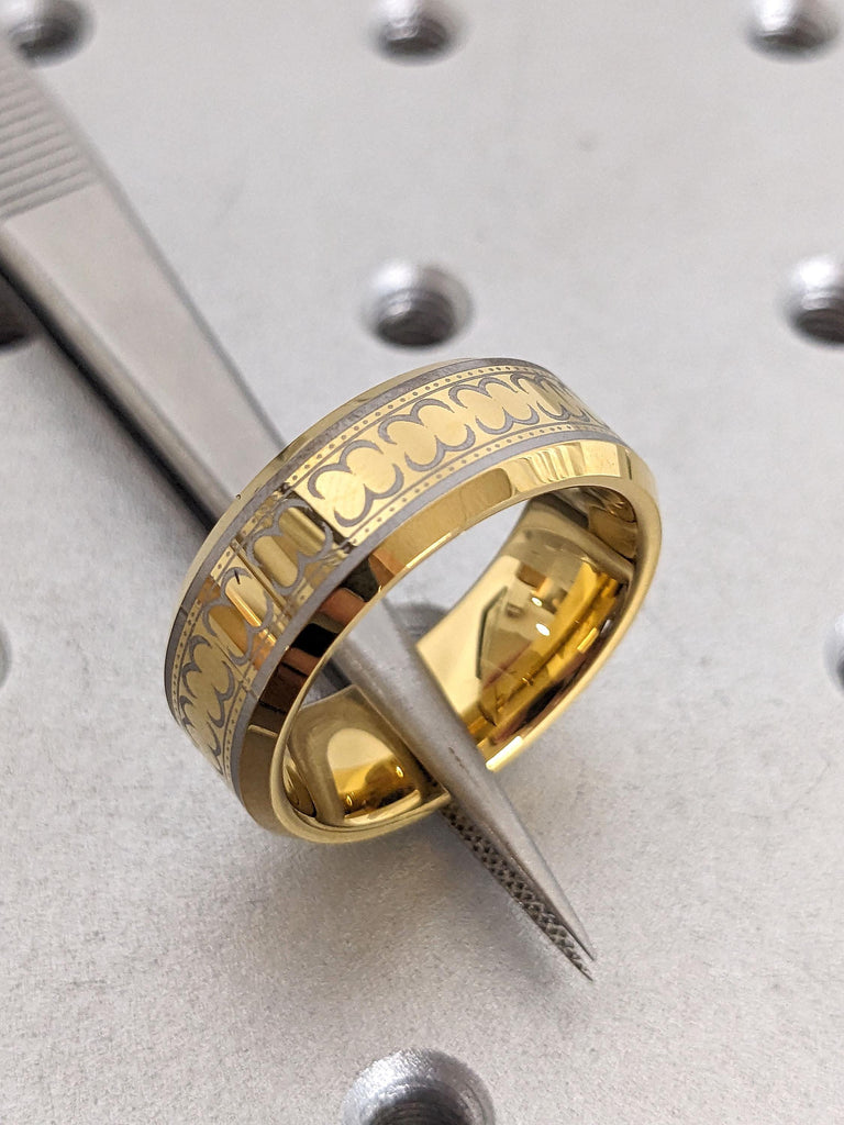 Comfort Fit 8MM Wedding Band for Him: Yellow Gold Plated Tungsten Carbide, Beveled Edge, Brushed and Polished Finish image #4