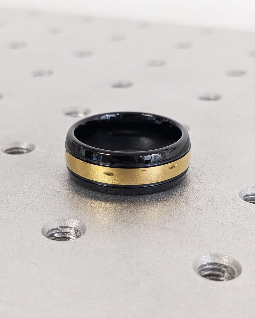 Polished Black Tungsten Ring: Yellow Gold Plated Inlay, Classic Dome Ring, Mens Wedding Band, Comfort Fit, 8mm Wide image #2