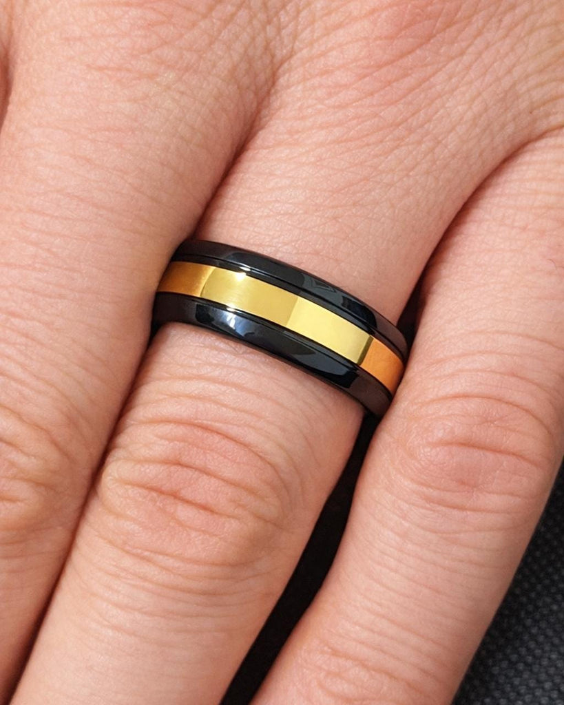 Polished Black Tungsten Ring: Yellow Gold Plated Inlay, Classic Dome Ring, Mens Wedding Band, Comfort Fit, 8mm Wide image #1