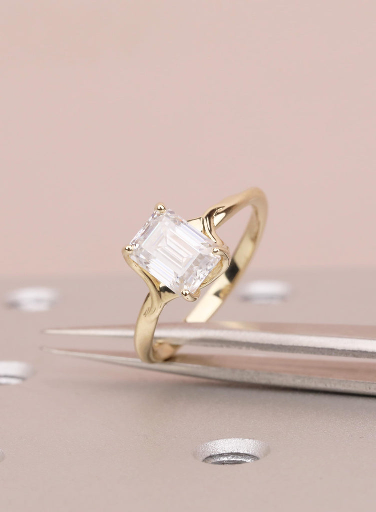 Emerald Cut Moissanite Engagement Ring, 14K Yellow Gold Solitaire Ring, Prong Set Minimalist Promise Ring, Elegant Wedding Ring for Women image #10
