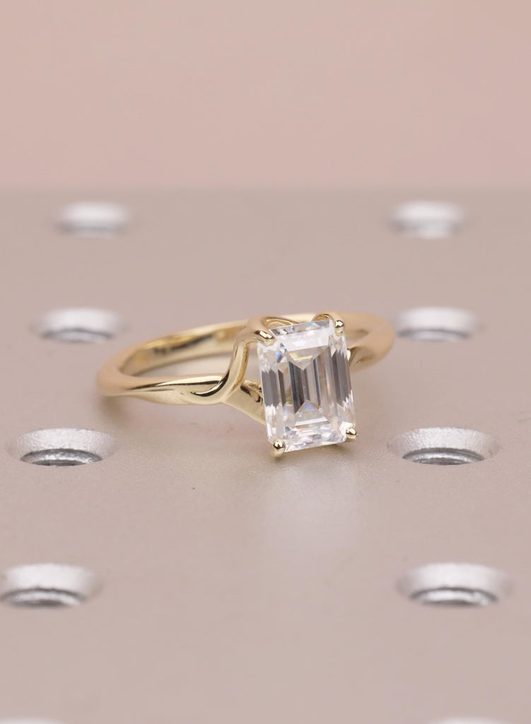 Emerald Cut Moissanite Engagement Ring, 14K Yellow Gold Solitaire Ring, Prong Set Minimalist Promise Ring, Elegant Wedding Ring for Women image #8