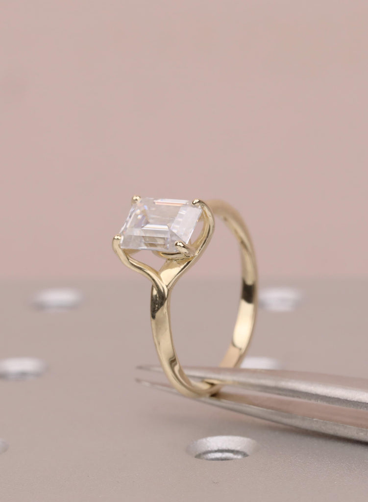 Emerald Cut Moissanite Engagement Ring, 14K Yellow Gold Solitaire Ring, Prong Set Minimalist Promise Ring, Elegant Wedding Ring for Women image #11