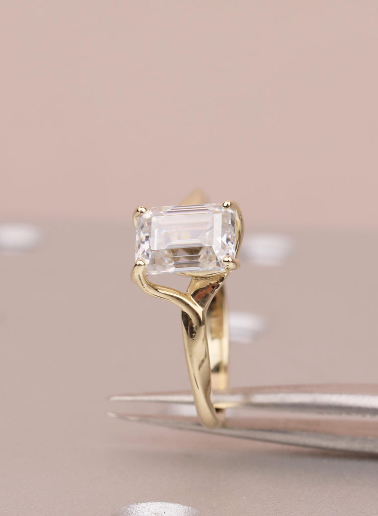 Emerald Cut Moissanite Engagement Ring, 14K Yellow Gold Solitaire Ring, Prong Set Minimalist Promise Ring, Elegant Wedding Ring for Women image #12