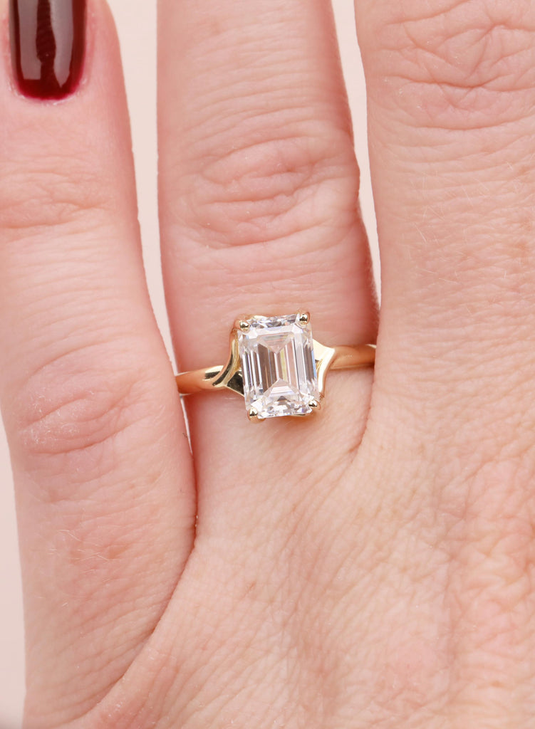 Emerald Cut Moissanite Engagement Ring, 14K Yellow Gold Solitaire Ring, Prong Set Minimalist Promise Ring, Elegant Wedding Ring for Women image #15