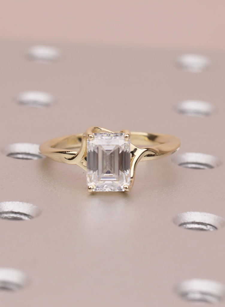 Emerald Cut Moissanite Engagement Ring, 14K Yellow Gold Solitaire Ring, Prong Set Minimalist Promise Ring, Elegant Wedding Ring for Women image #9