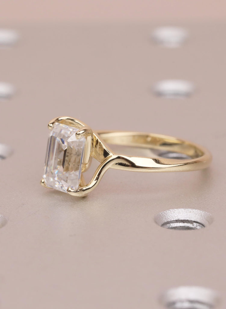Emerald Cut Moissanite Engagement Ring, 14K Yellow Gold Solitaire Ring, Prong Set Minimalist Promise Ring, Elegant Wedding Ring for Women image #6