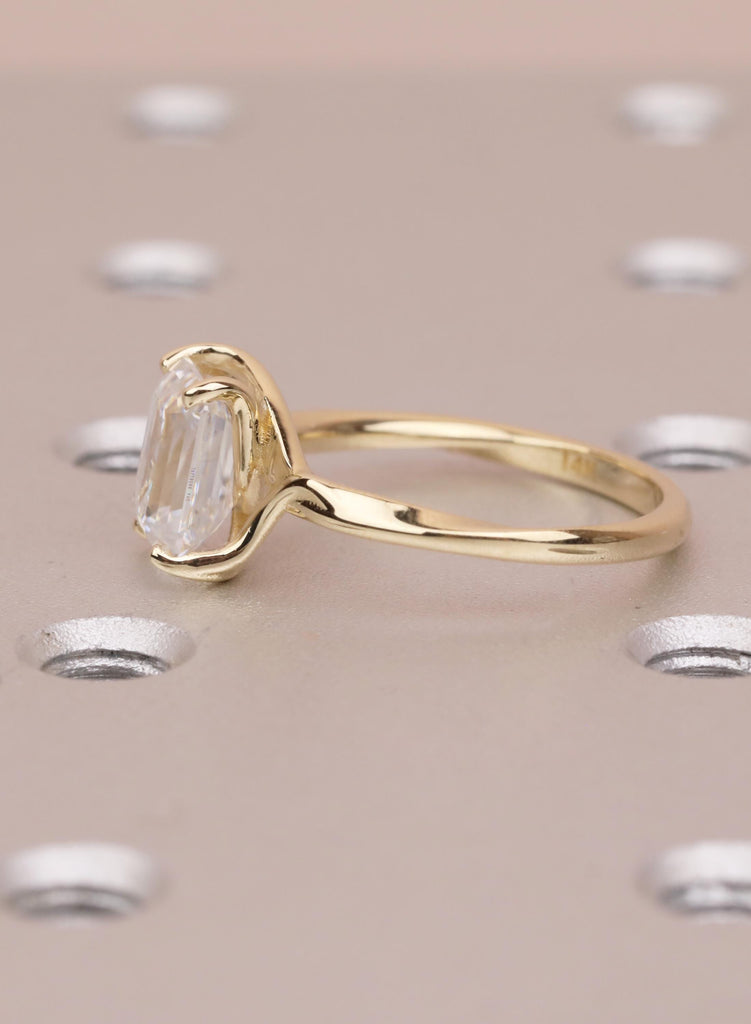 Emerald Cut Moissanite Engagement Ring, 14K Yellow Gold Solitaire Ring, Prong Set Minimalist Promise Ring, Elegant Wedding Ring for Women image #5