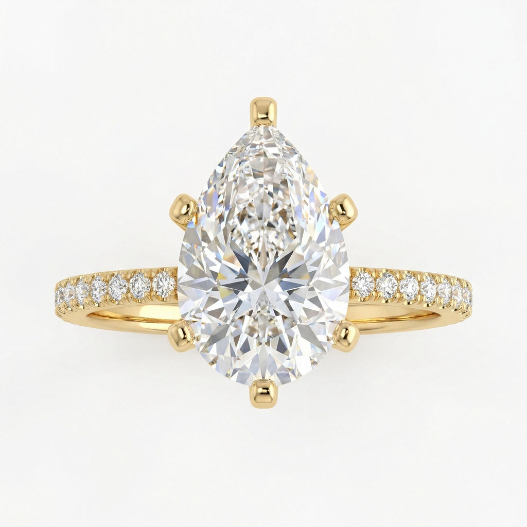 3ct Pear Moissanite Ring, Platinum or Solid Gold Wedding Ring, 14K Yellow Gold Hidden Halo Diamond Half Eternity Band, Antique Women's Ring