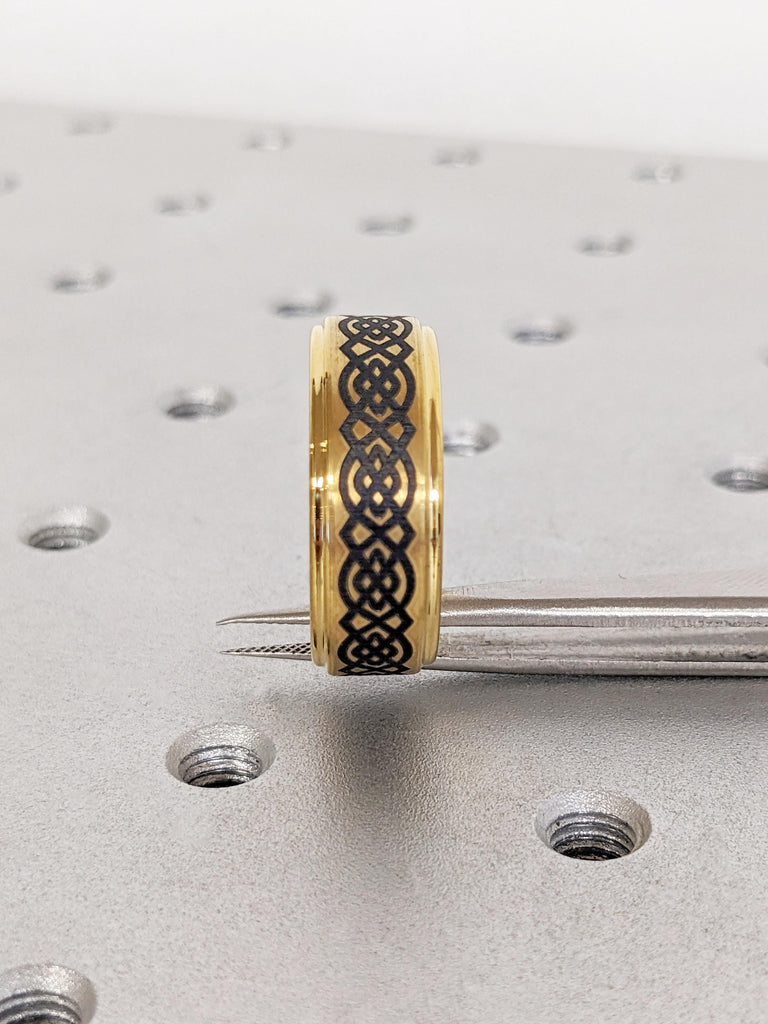 Tungsten Celtic Wedding Band, 8mm Yellow Gold & Black Irish Knot Ring