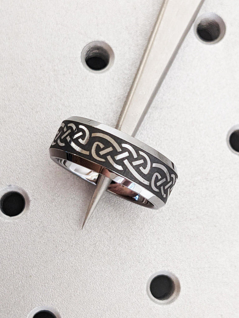 Celtic Knot Tungsten Ring, Two Tone Viking Wedding Band, 8mm Beveled Edge