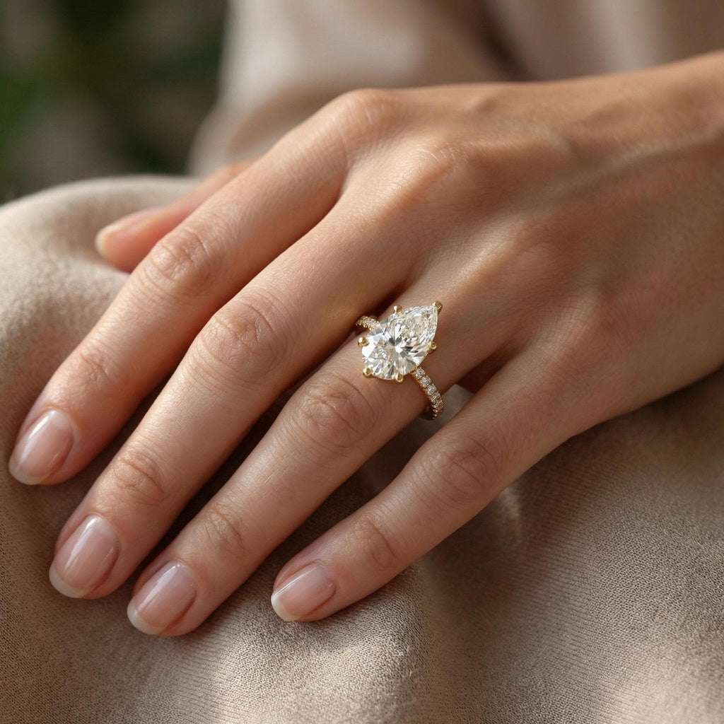 3ct Pear Moissanite Ring, 14K Yellow Gold Hidden Halo Diamond, Half Eternity Band