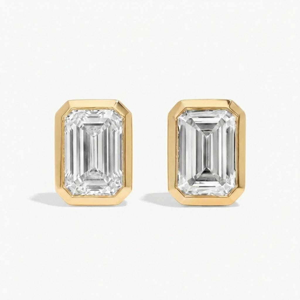 14k Solid Gold Stud Earrings, 2 CTW Bezel Set Emerald Cut Lab Diamond Earrings image #2