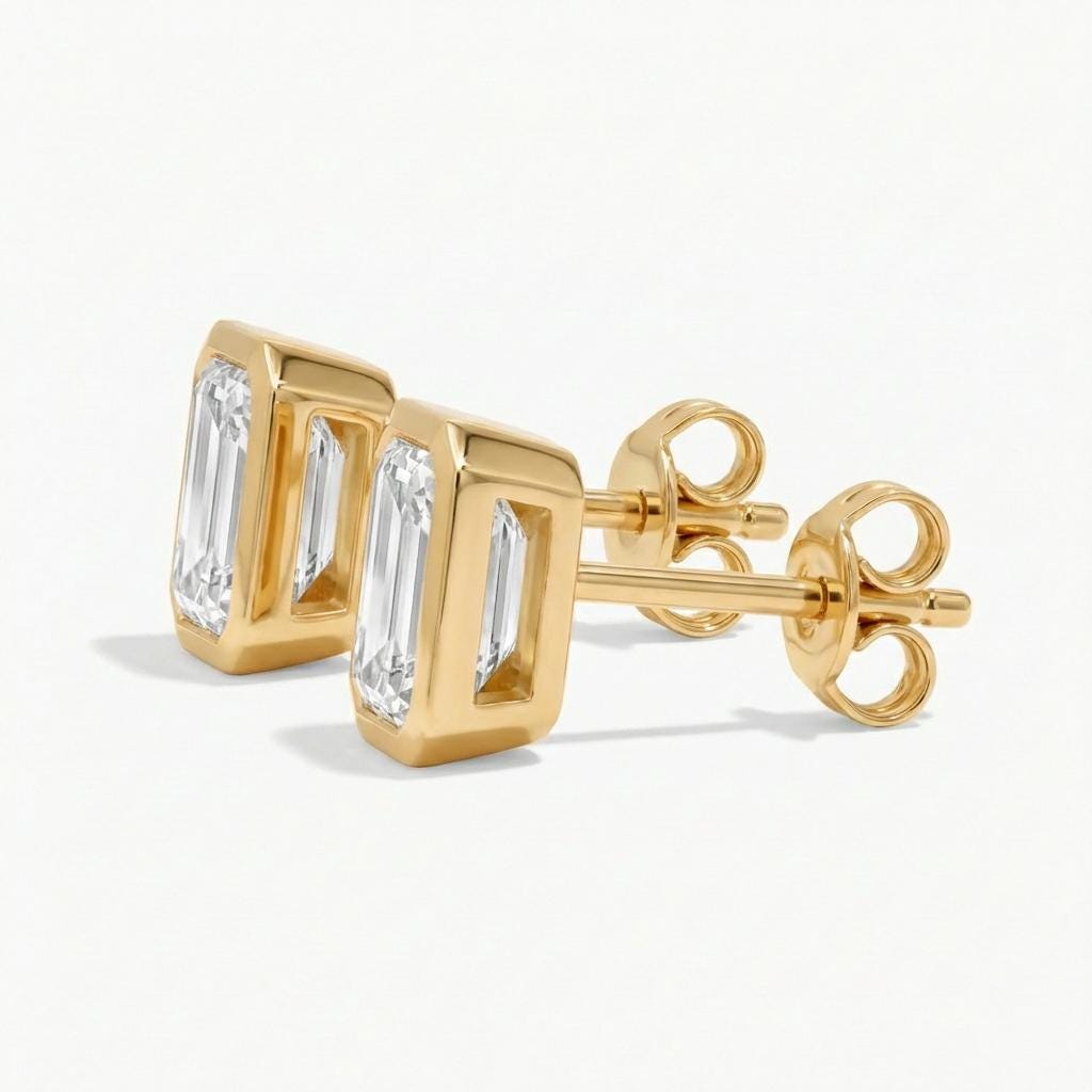 14k Gold Moissanite Stud Earrings, 2ct Bezel Set Emerald Cut Earrings image #3