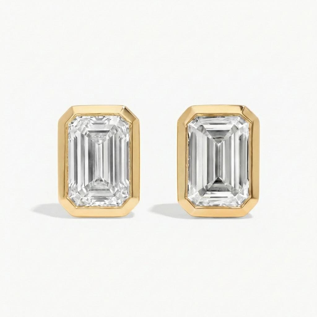 14k Gold Moissanite Stud Earrings, 2ct Bezel Set Emerald Cut Earrings image #2