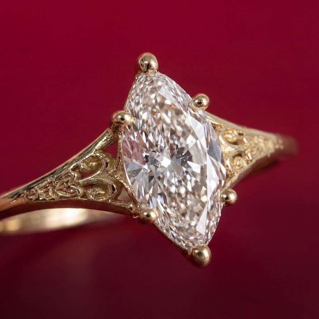Gold Heirloom Lab Diamond Engagement Ring, Marquise Cut Victorian Filigree Band, Antique Proposal Ring, Women's Wedding Anniversary Ring image #3