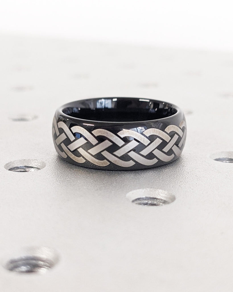 Sailor Knot Ring | Celtic Promise Ring | Celtic Knot Wedding Band | Polished Silver Black Tungsten Ring 8mm | Irish Ring | Unique Men's Ring