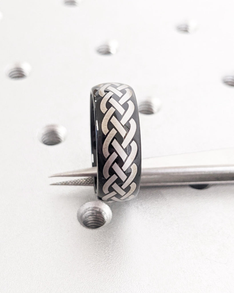 Celtic Knot Wedding Band Tungsten Ring: Silver & Black Tungsten, 8mm, Polished Finish, Custom Handmade Jewelry