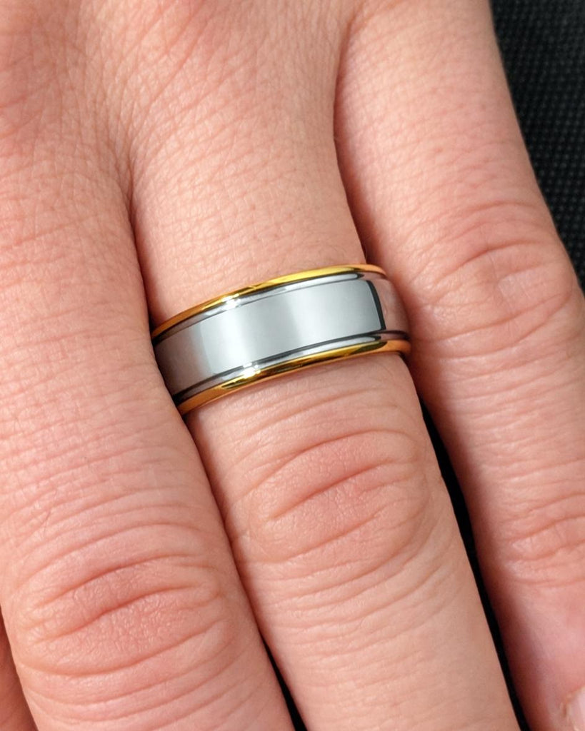 Men's Tungsten Wedding Band, Polished Silver Gold Plated Two Tone Wedding Band, Wedding Ring for Him, His Anniversary Band, 8mm, Comfort Fit image #4