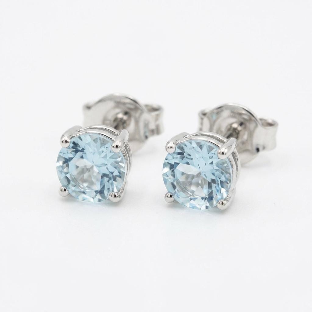 Aquamarine Earrings, 14k Solid Gold Stud Earrings, Pushback Studs, Minimalist Earrings, Something Blue, March Birthstone, Birthstone Jewelry