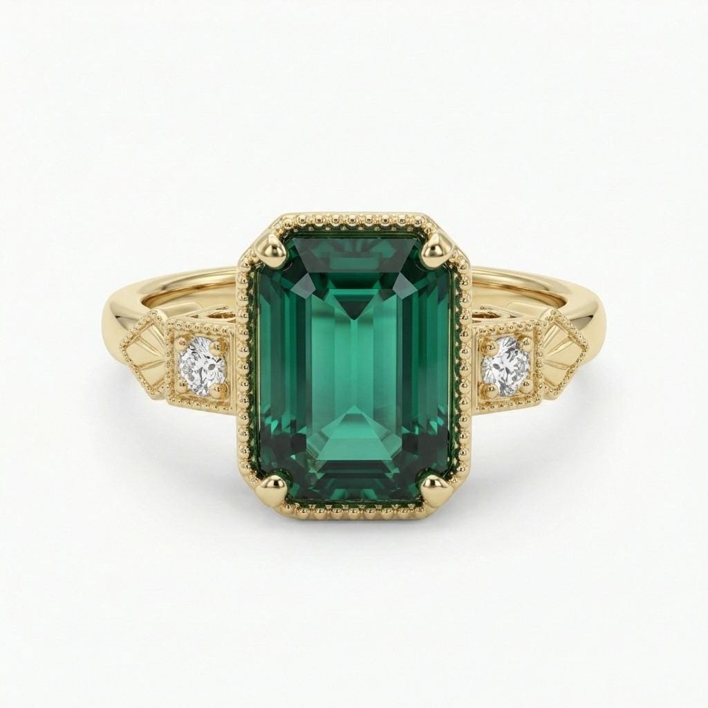 Vintage Emerald Engagement Ring | Lab Emerald Ring | 14k Yellow Gold Ring Gift | Unique Wedding Promise Anniversary Ring For Her Birthstone