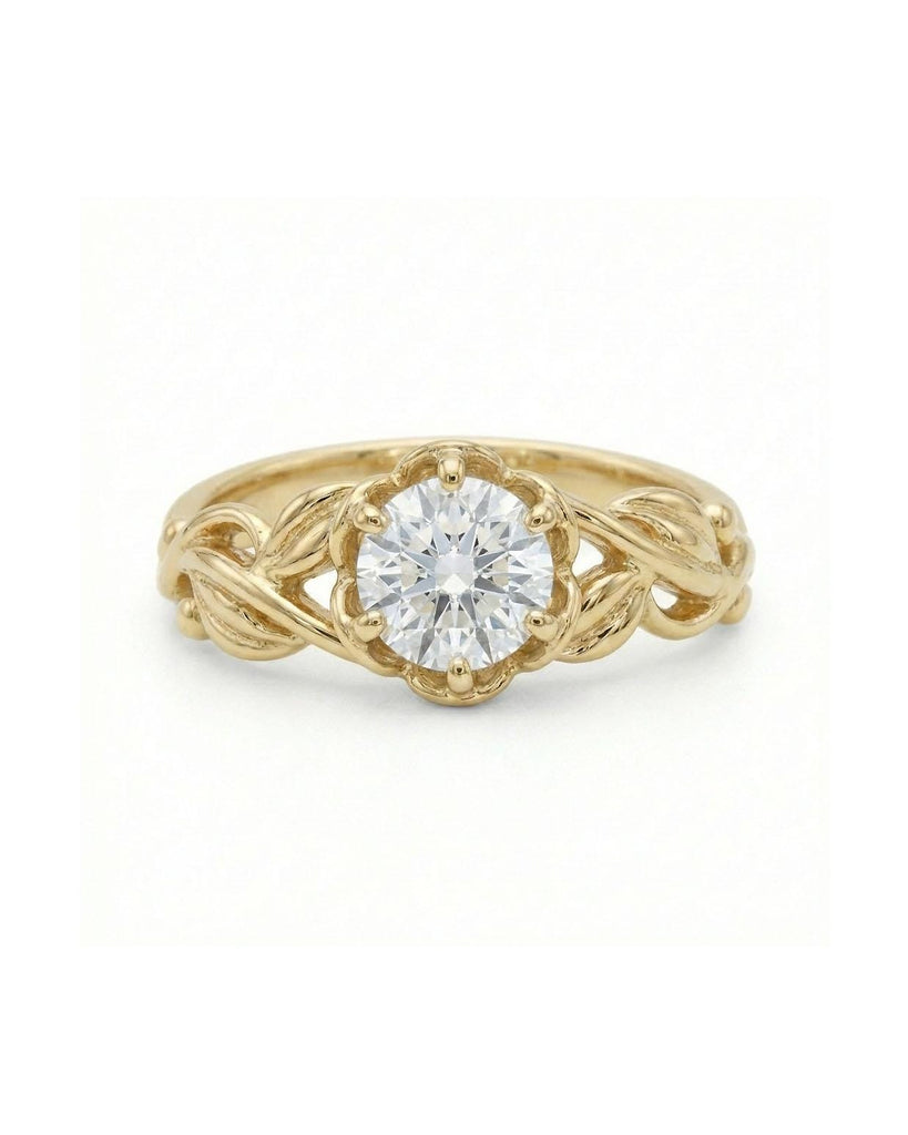 Moissanite Solitaire Art Nouveau Engagement Ring | 14k/18k Solid Gold Branch & Leaf Ring | Delicate Promise Ring Anniversary Gift for Her image #5