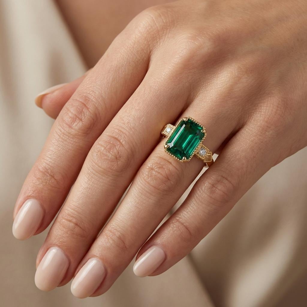 2.5ct Emerald cut Lab Emerald Antique Wedding Anniversary Ring | May Birthstone Green Emerald Ring