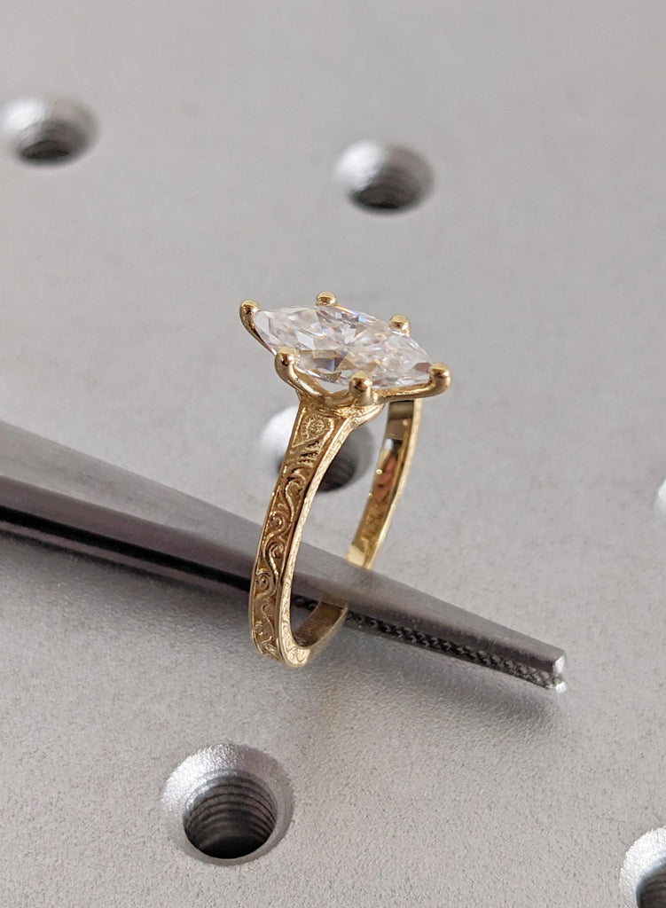 Marquise Cut Vintage Moissanite Engagement Ring, Hand Carved Filigree 14K Yellow Gold Women’s Wedding Ring, Anniversary Promise Solitaire image #4