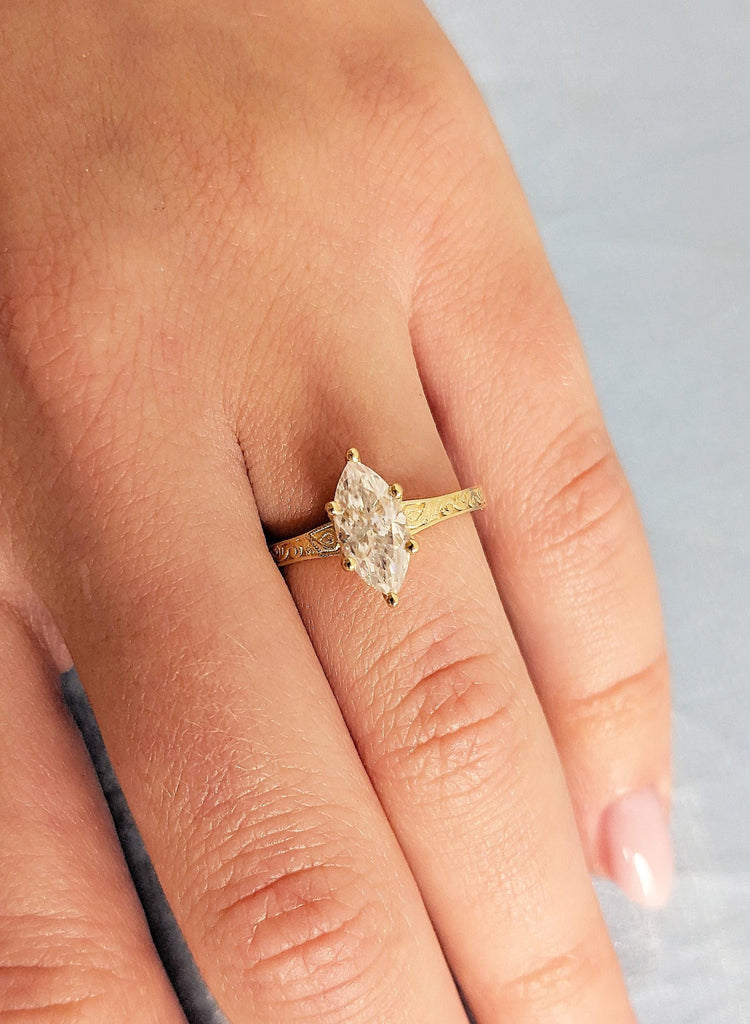 Marquise Cut Vintage Moissanite Engagement Ring, Hand Carved Filigree 14K Yellow Gold Women’s Wedding Ring, Anniversary Promise Solitaire image #2