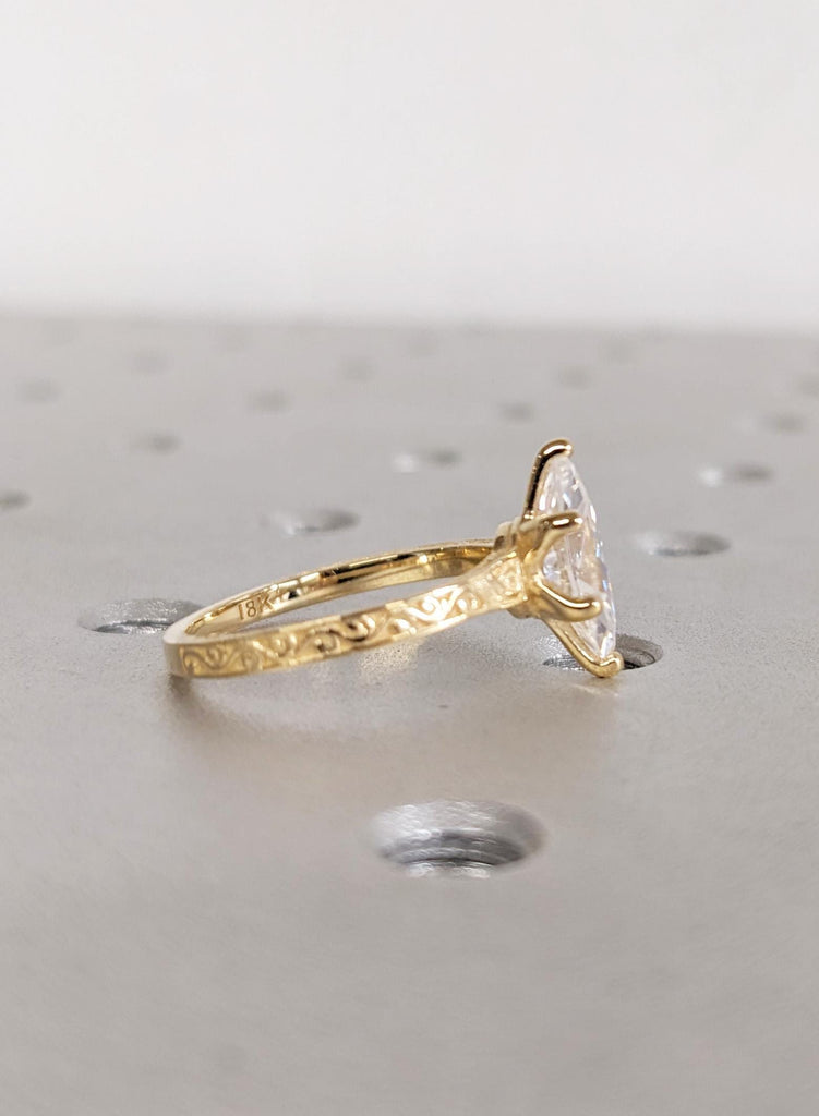 Antique Carved Filigree Band Solitaire Lab Diamond Ring, 14K Solid Yellow Gold Handmade Wedding Anniversary Engagement Ring for Her Ring image #7