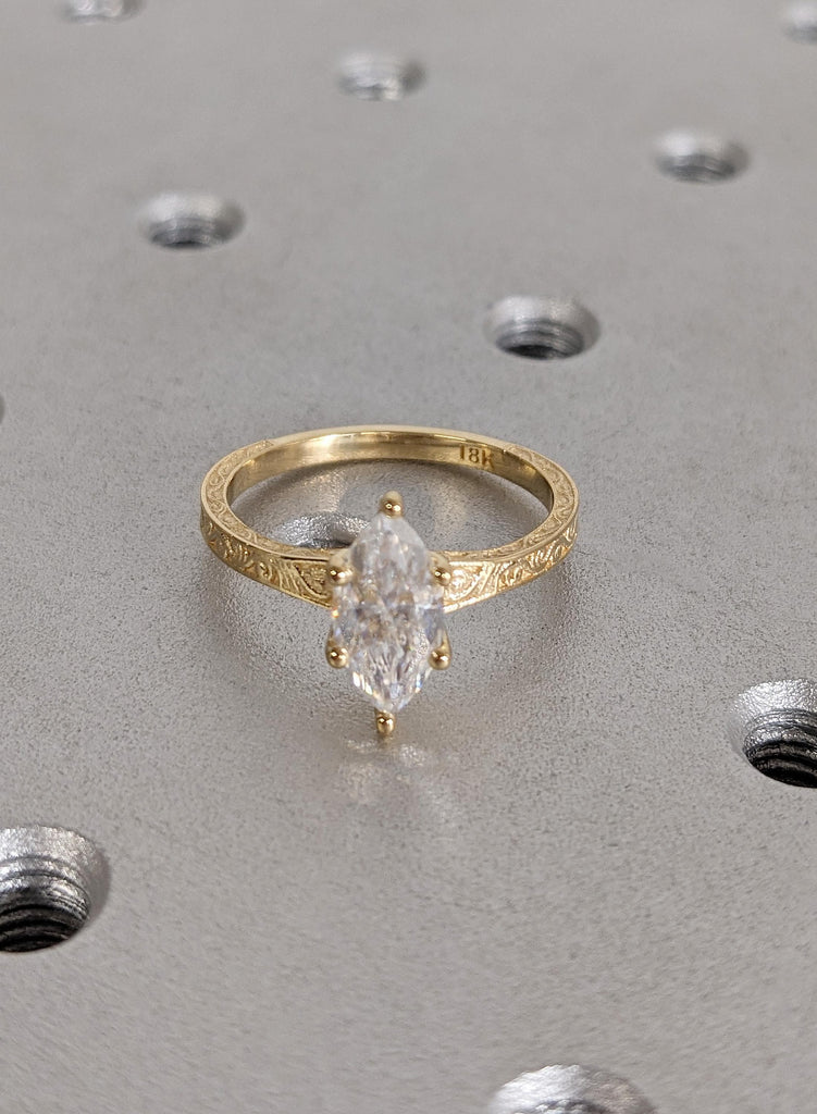 Antique Carved Filigree Band Solitaire Lab Diamond Ring, 14K Solid Yellow Gold Handmade Wedding Anniversary Engagement Ring for Her Ring image #10