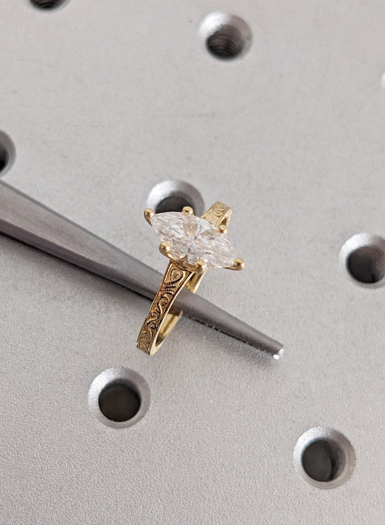 Antique Carved Filigree Band Solitaire Lab Diamond Ring, 14K Solid Yellow Gold Handmade Wedding Anniversary Engagement Ring for Her Ring