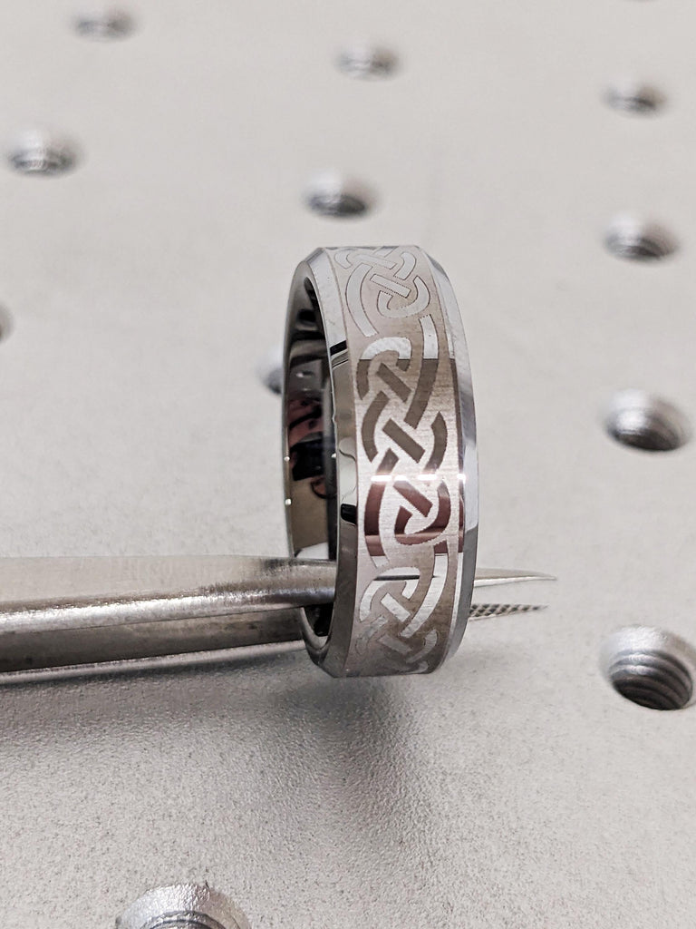 Silver Celtic Knot Tungsten Ring, Beveled Edge Wedding Band, Custom Engraved Engagement Ring