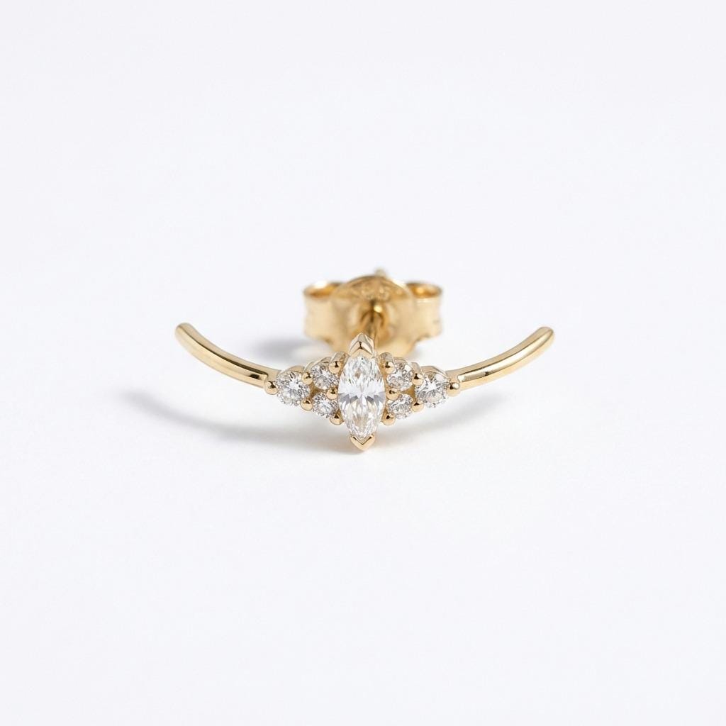14k/18k Solid Gold Diamond Earrings Hinged Ear Cuff: Marquise and Round cut Tiny Gemstones, Push Back Closure image #2