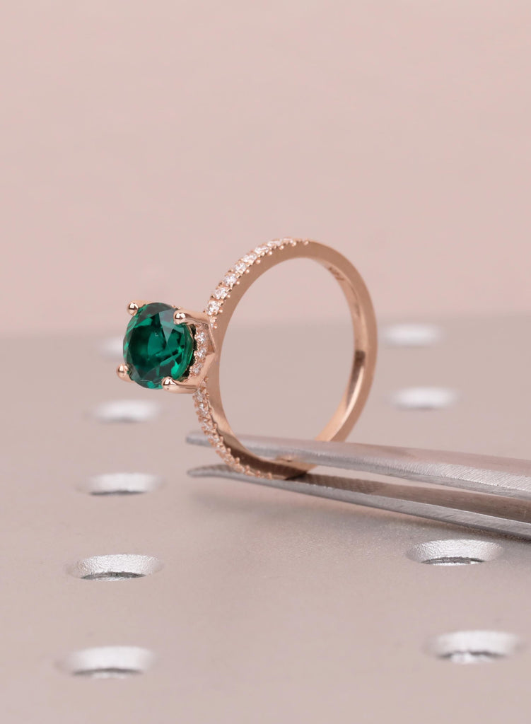 Emerald Ring, 14K Rose Gold Green Lab Emerald Engagement Ring, Round Hidden Halo Diamond, Handmade Wedding Anniversary Promise Ring For Her image #15